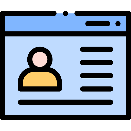 Icon of blue form with person outline in top left corner and text lines on right side